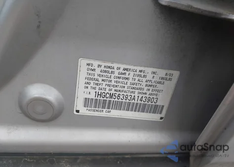 2003 Honda Accord 2.4 Lx from USA, damaged, VIN 1HGCM56393A143903